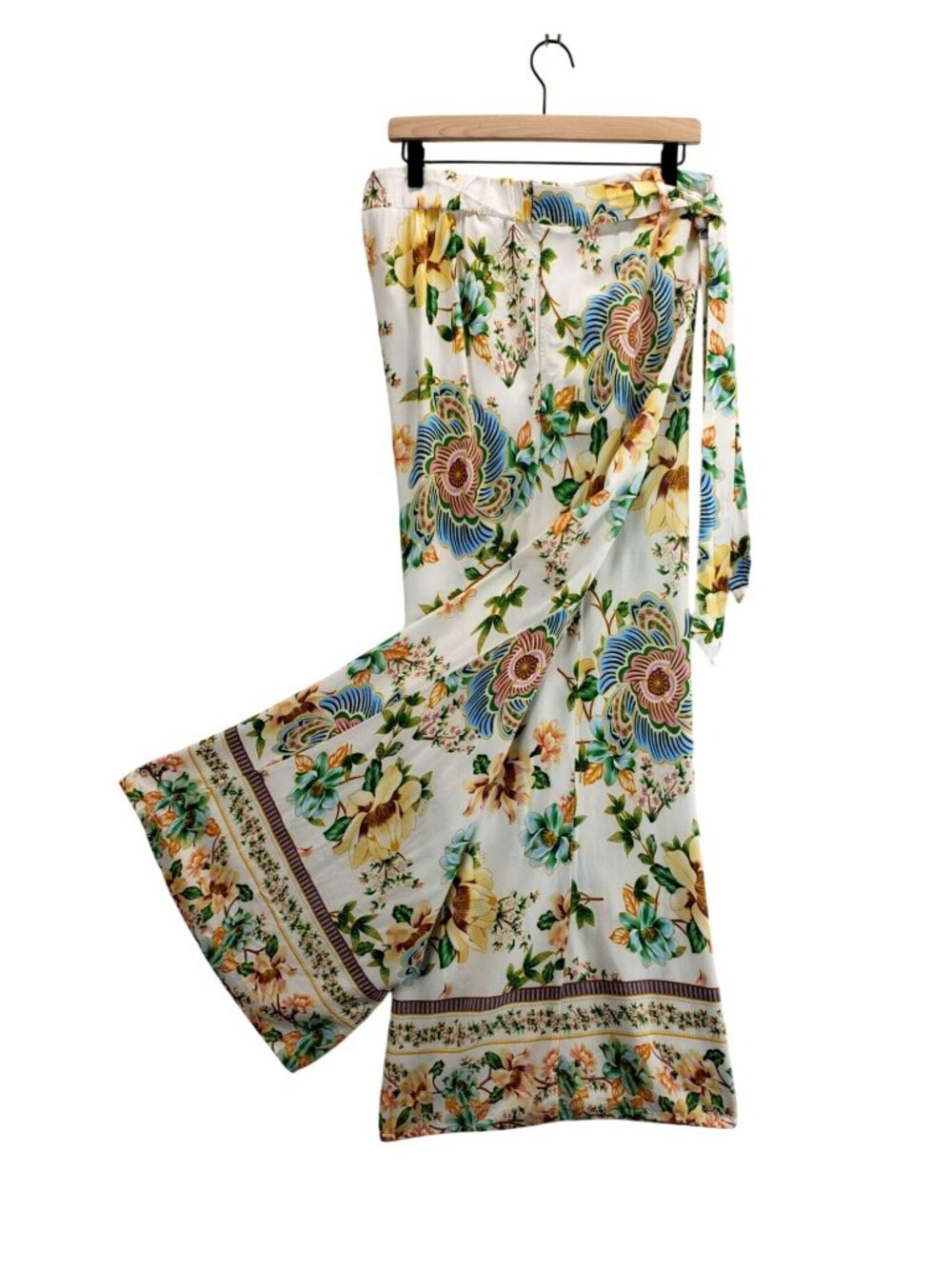 Boho Pants Floral Wide Leg XL CATO Palazzo Scarf Belt Festival Garden Party